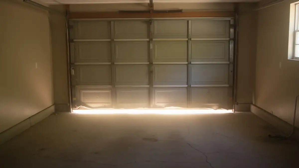 A closed garage door with light shining under it, viewed from inside the garage.