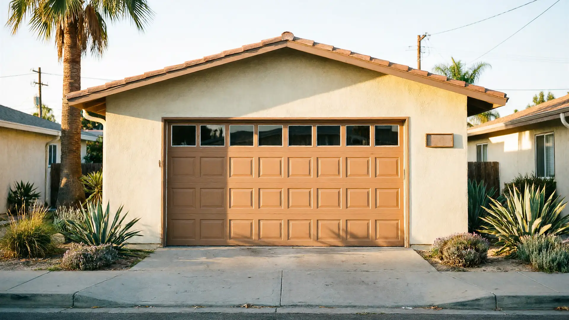 The house has a light brown garage door with windows across the top.