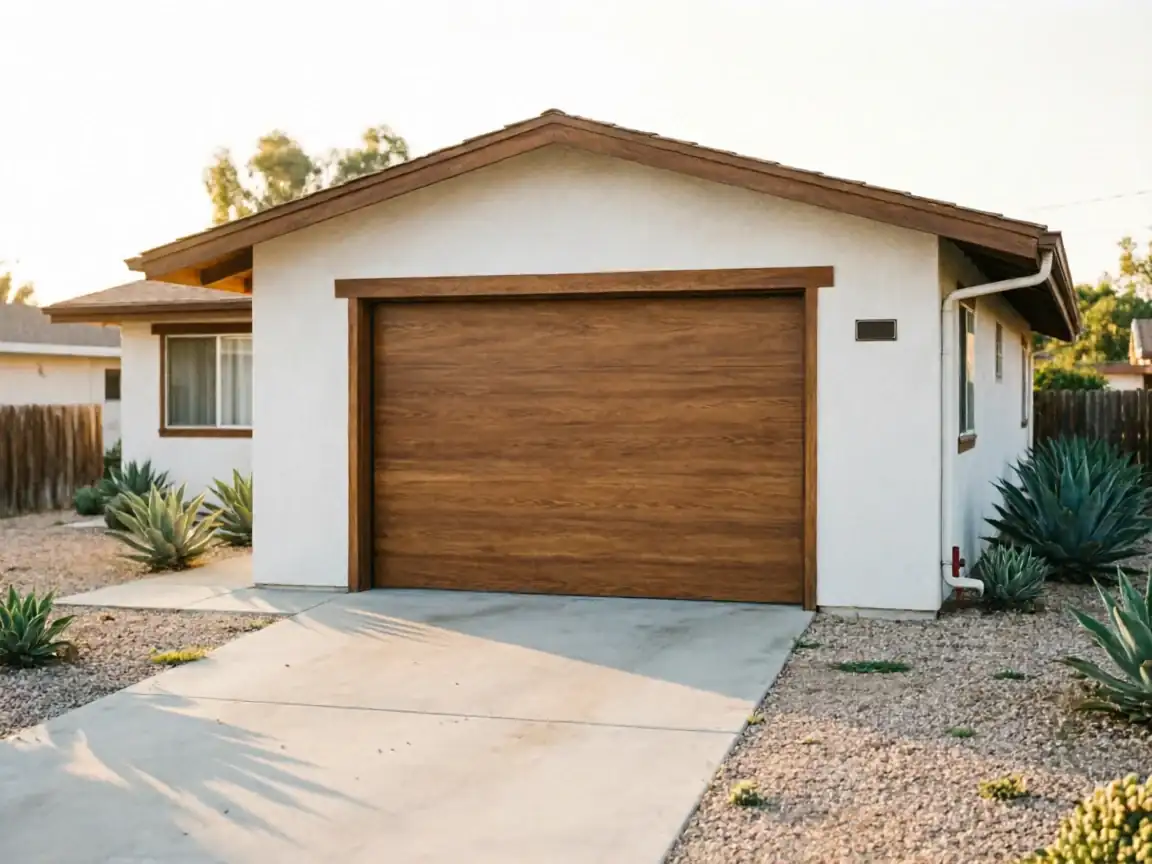 The house has a brown wooden garage door and white stucco walls.